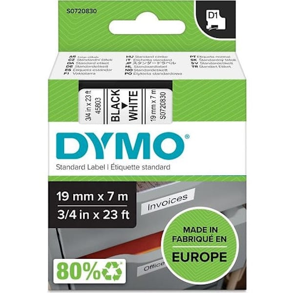 DYMO D1 etikettejp 19 mm x 7 m - svart på vitt - A - Som ny