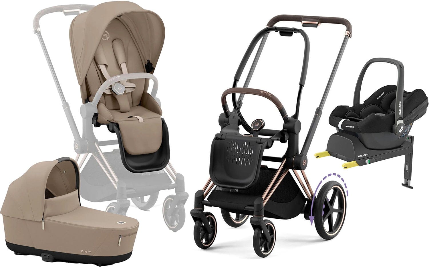 Cybex e-Priam Duovagn inkl. Maxi-Cosi CabrioFix & Bas, Cozy Beige/Rose Gold