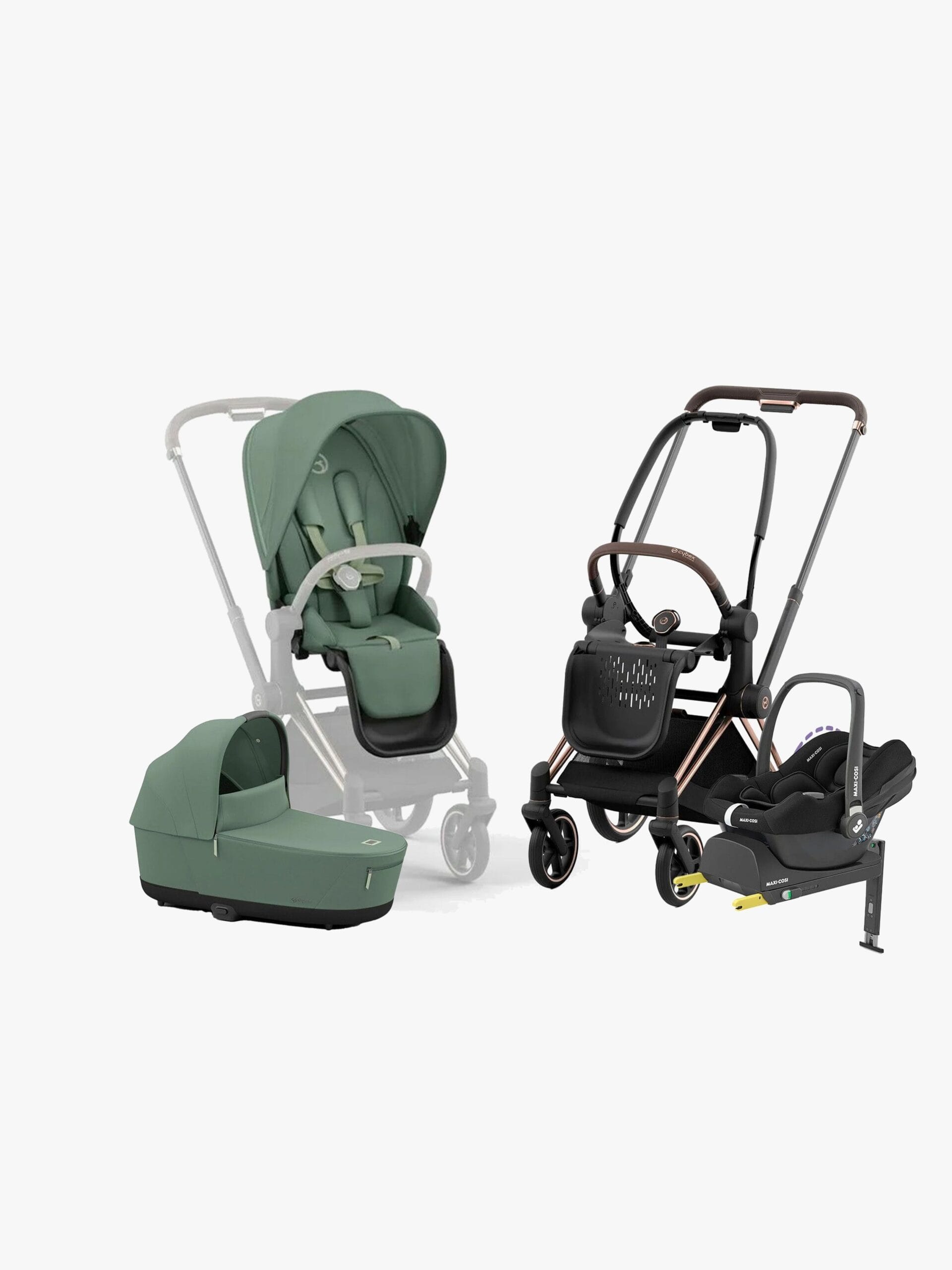 Cybex e-Priam Duovagn inkl. Maxi-Cosi CabrioFix & Bas, Leaf Green/Rose Gold
