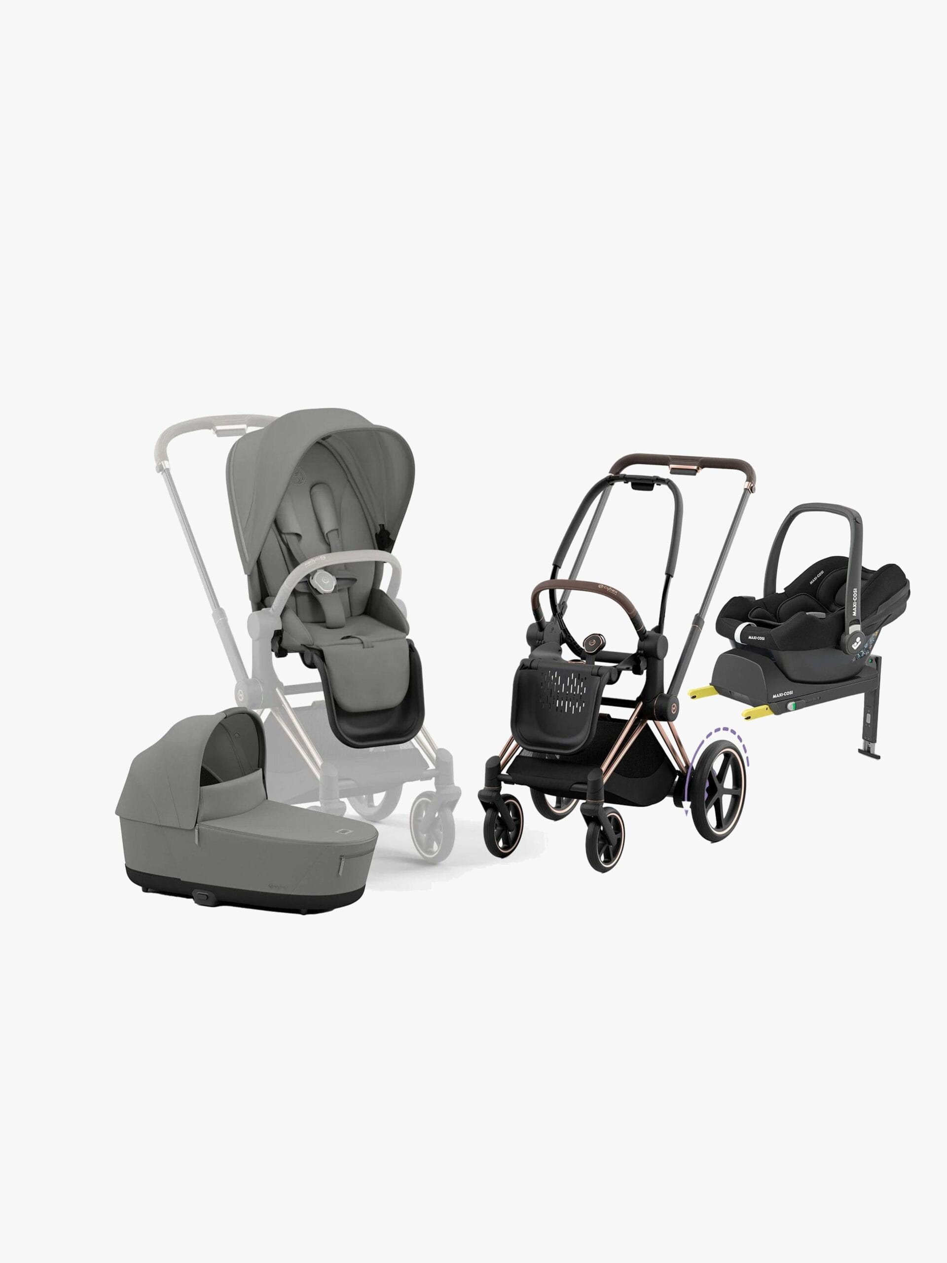 Cybex e-Priam Duovagn inkl. Maxi-Cosi CabrioFix & Bas, Mirage Grey/Rose Gold