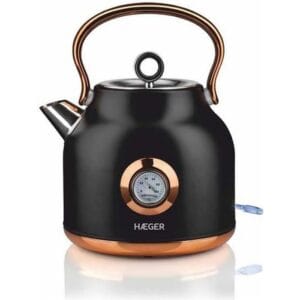 Haeger Art Deco Trådlös Elektrisk Vattenkokare Tekanna Svart Koppar 2200W 1,7L Temperaturdisplay Överhettningsskydd