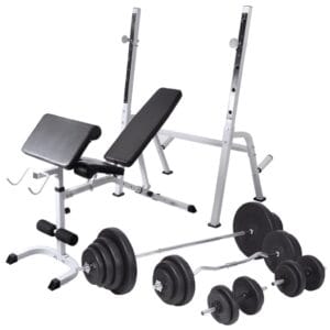vidaXL Träningsbänk set med viktställning skivstång och hantlar 120 kg