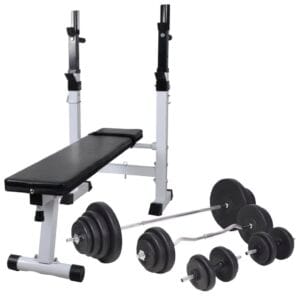 vidaXL Träningsbänk set med viktställning skivstång och hantlar 120 kg