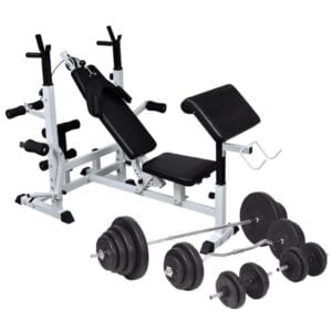 vidaXL Viktbänk set med viktställning skivstång och hantlar 120 kg